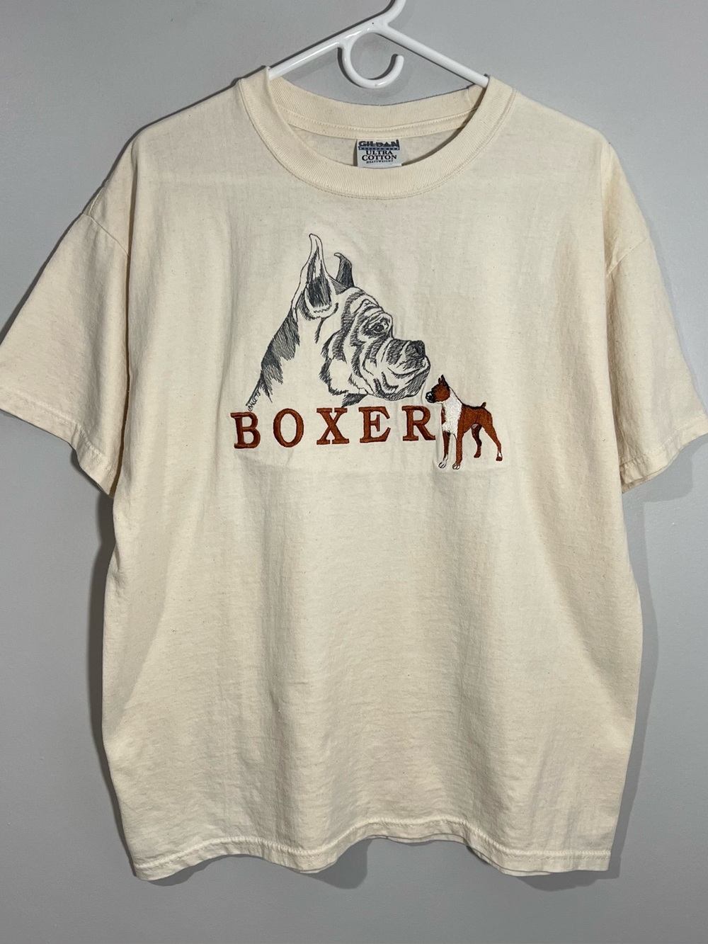 Vintage 90s Gildan Boxer Dog Beige Embroidered Short Sleeve T-Shirt Mens Large